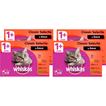 Whiskas 1+ Natvoer - Classic - Selectie in saus - maaltijdzakjes 4 x 12 x 85 g